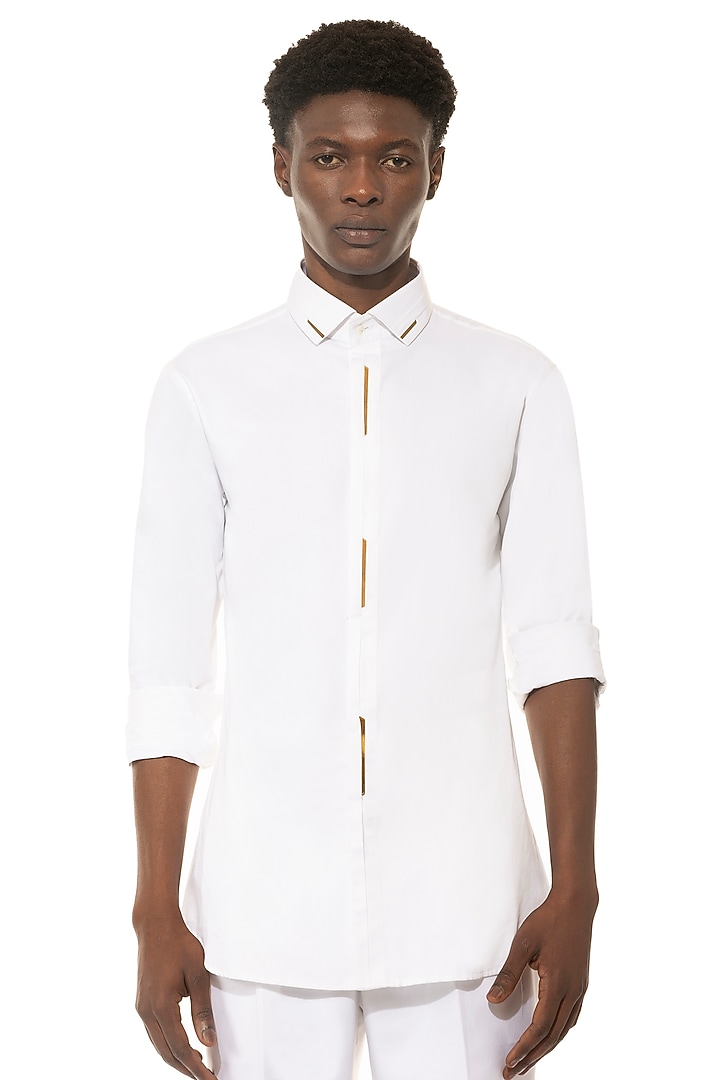 White Cotton Party Wear Shirt With Signature Print by Unit by Rajat Suri at Pernia's Pop Up Shop