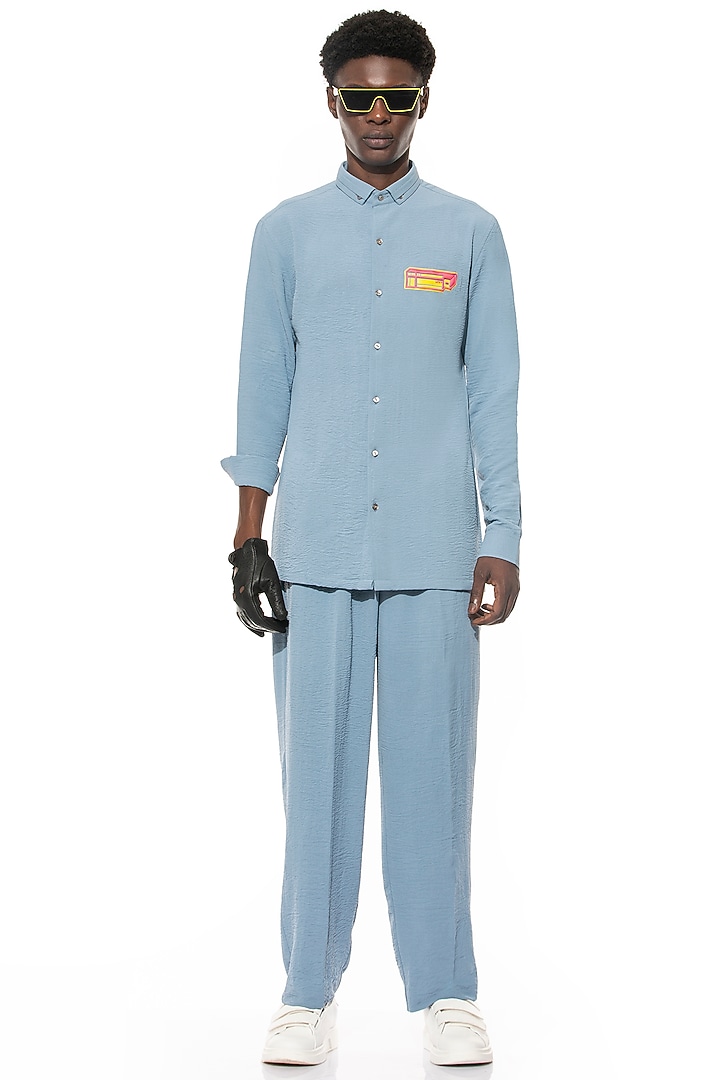 Sky Blue Latte Crepe Party Wear Shirt by Unit by Rajat Suri at Pernia's Pop Up Shop