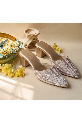 Lilac Faux Leather & Silk Hand Embroidered Mules by Urbansway