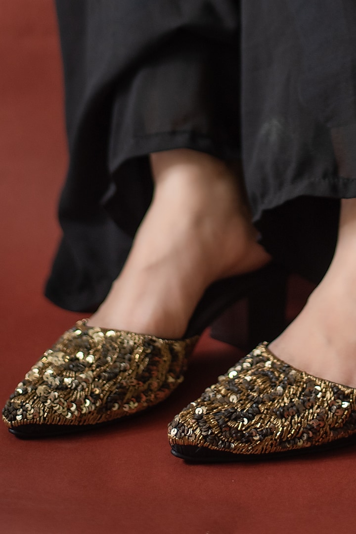Black Faux Leather Hand Embroidered Mules by Urbansway at Pernia's Pop Up Shop