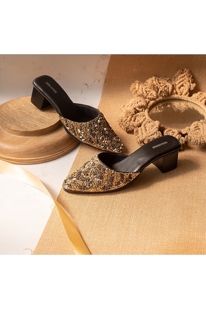 Black Faux Leather Hand Embroidered Mules by Urbansway at Pernia's Pop Up Shop