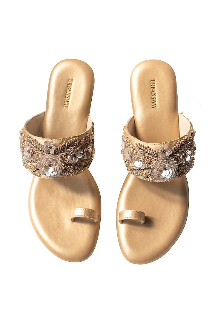 Gold Faux Leather Embroidered Wedges by Urbansway