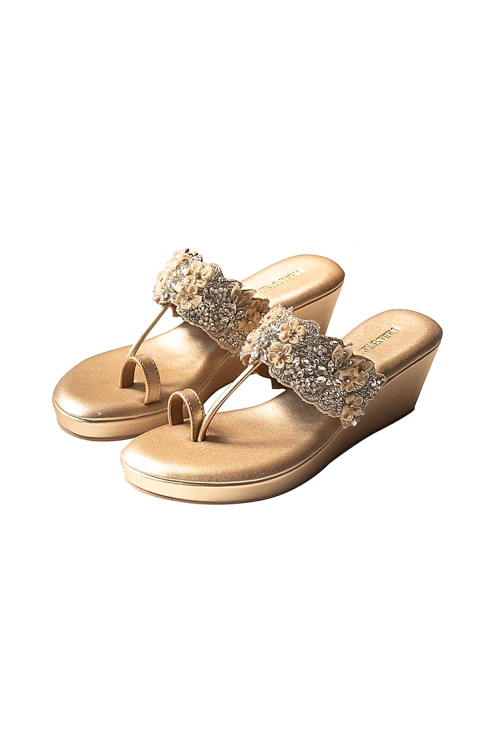 Gold Faux Leather Beaded Wedges by Urbansway