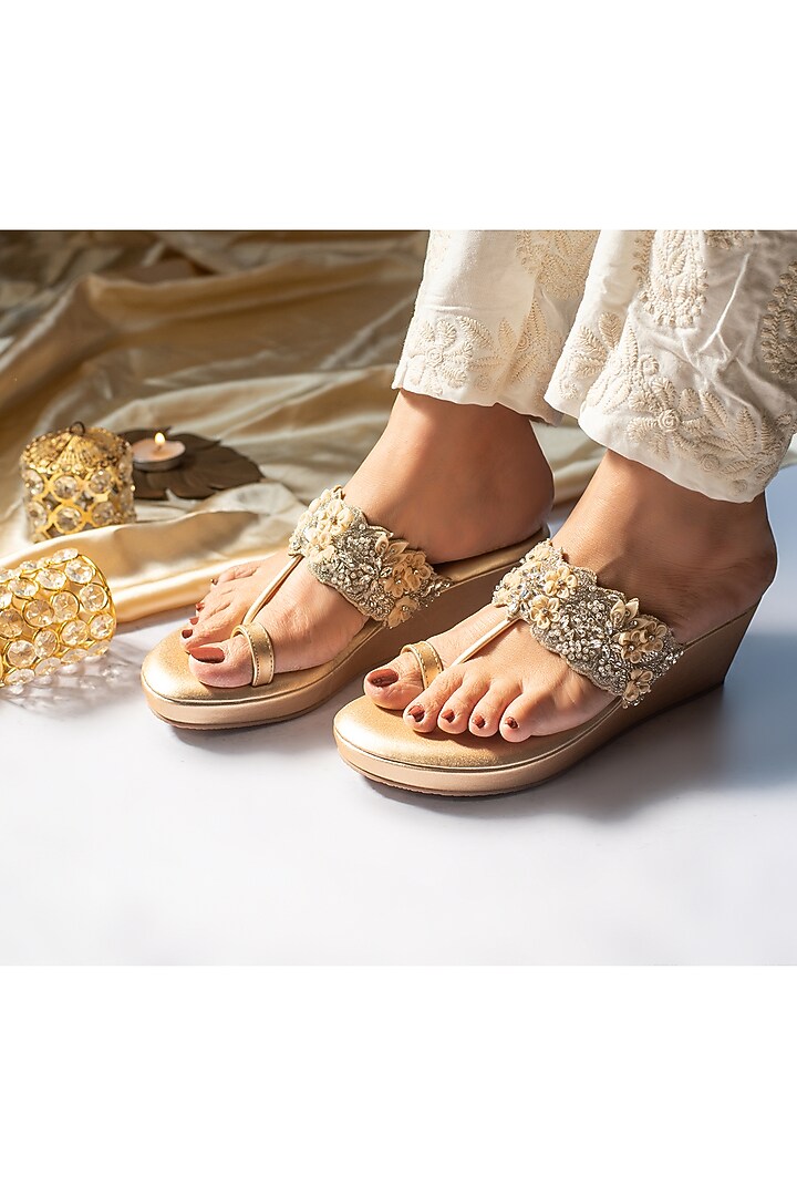 Gold Faux Leather Beaded Wedges by Urbansway at Pernia's Pop Up Shop
