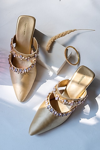 Gold Vegan Leather Stone Embroidered Mules by Urbansway