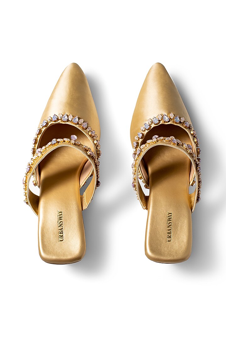 Gold Vegan Leather Stone Embroidered Mules by Urbansway at Pernia's Pop Up Shop