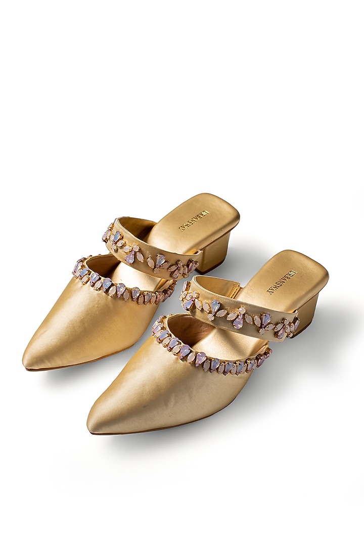 Gold Vegan Leather Stone Embroidered Mules by Urbansway at Pernia's Pop Up Shop