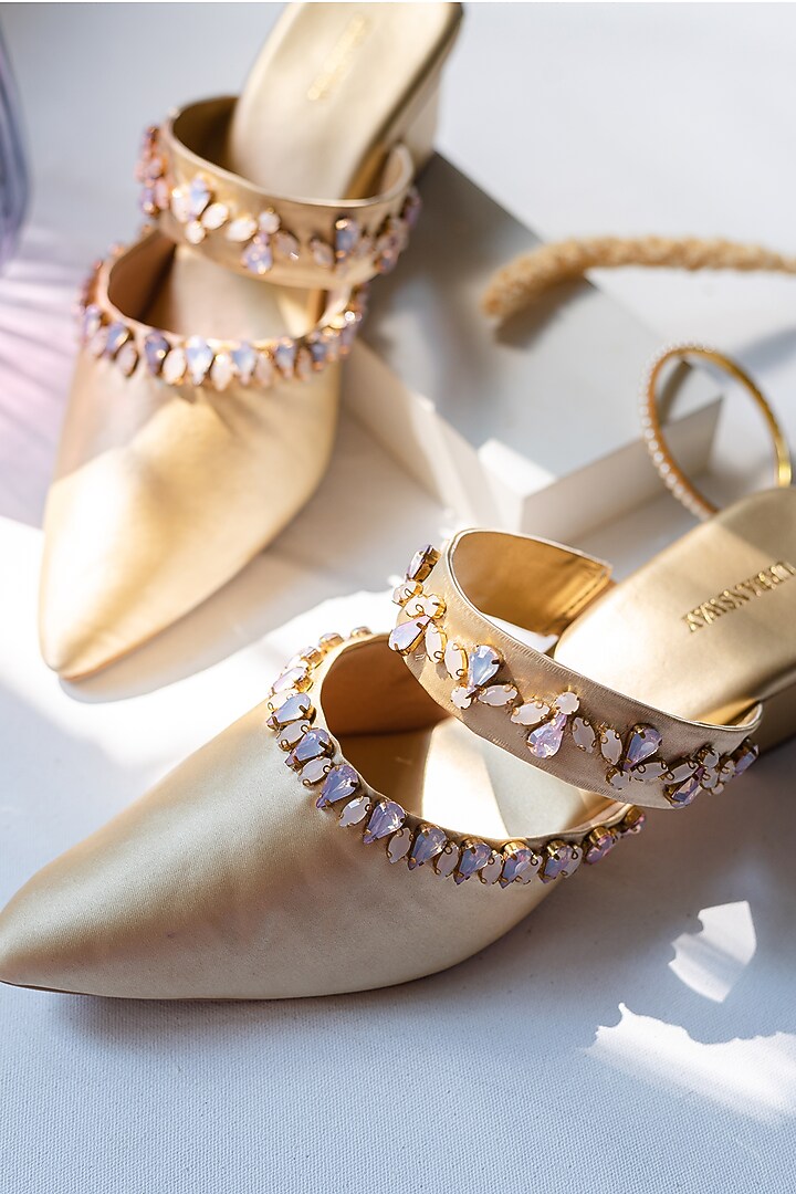 Gold Vegan Leather Stone Embroidered Mules by Urbansway at Pernia's Pop Up Shop