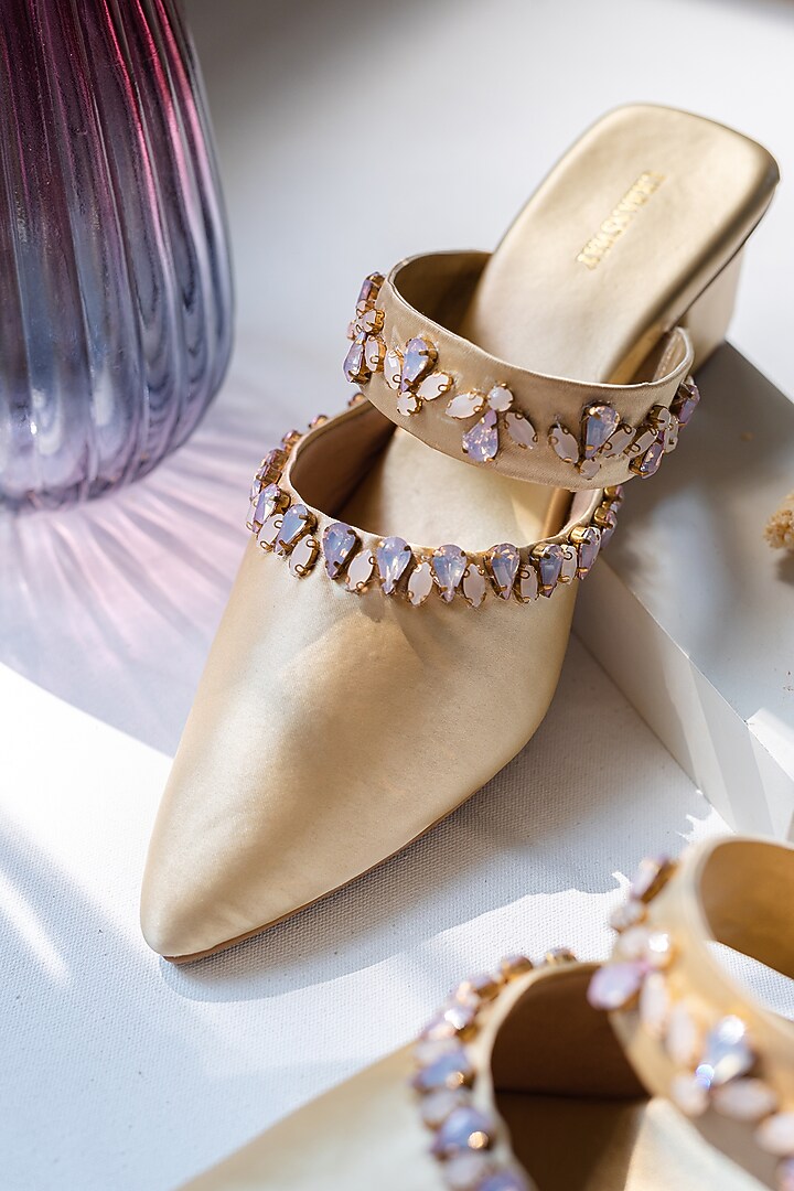 Gold Vegan Leather Stone Embroidered Mules by Urbansway at Pernia's Pop Up Shop