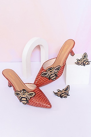 Orange Tan Vegan Leather Detachable Bee Clip Mule Heels by Urbansway