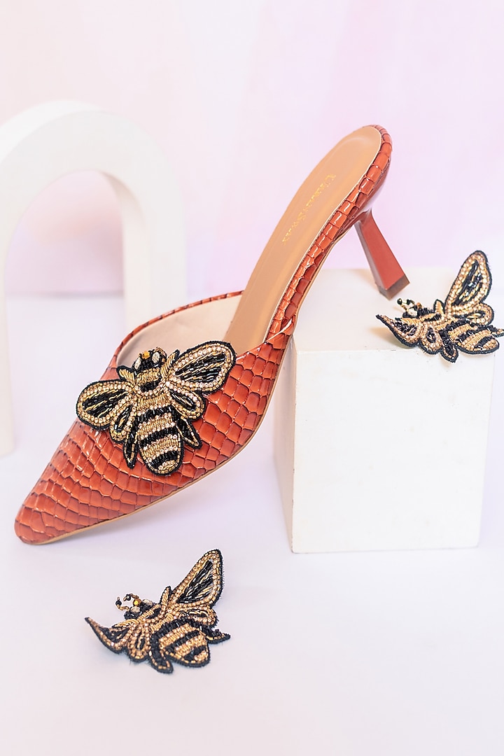 Orange Tan Vegan Leather Detachable Bee Clip Mule Heels by Urbansway at Pernia's Pop Up Shop