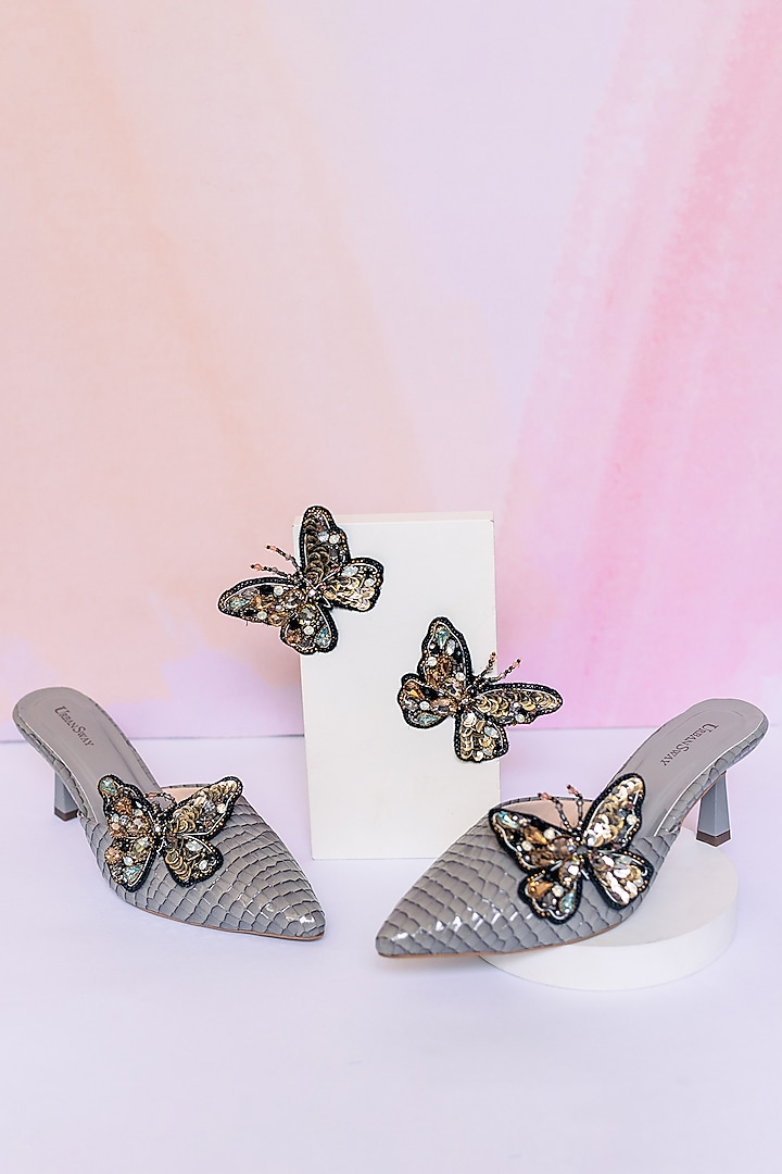 Grey Vegan Leather Detachable Bee Clip Mule Heels by Urbansway