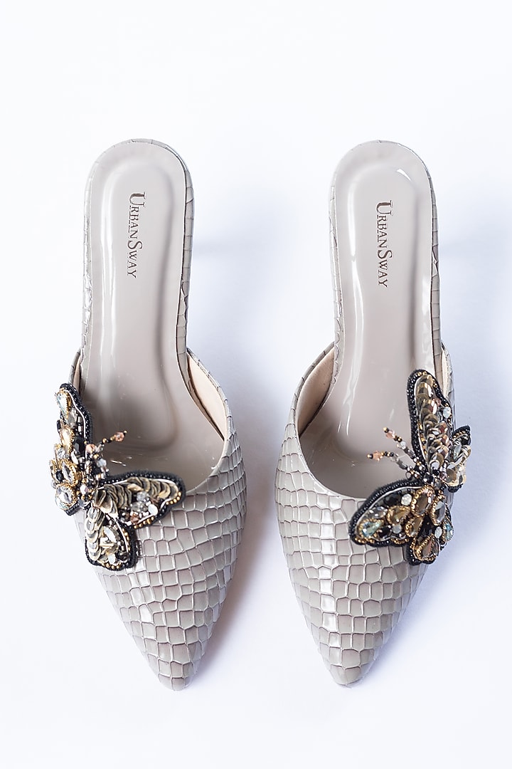 Grey Vegan Leather Detachable Bee Clip Mule Heels by Urbansway at Pernia's Pop Up Shop
