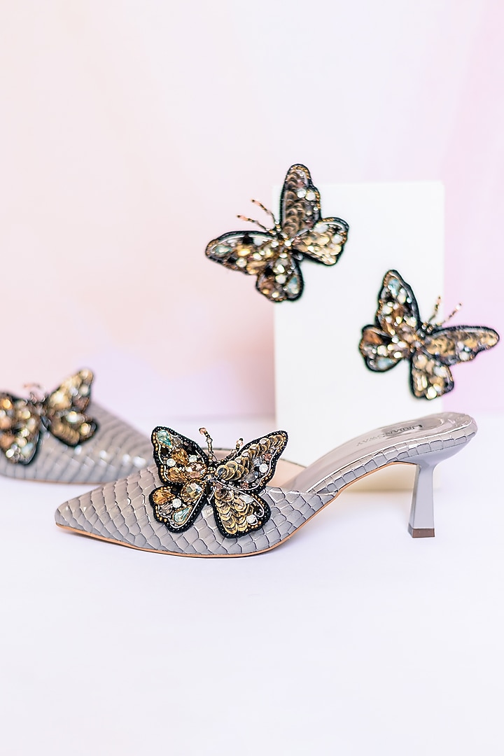 Grey Vegan Leather Detachable Bee Clip Mule Heels by Urbansway at Pernia's Pop Up Shop