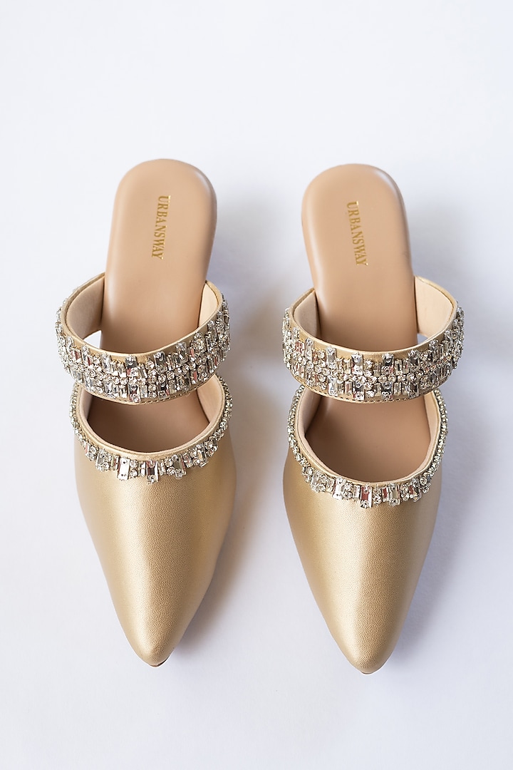 Gold Vegan Leather Crystal Embellished Mule Heels by Urbansway at Pernia's Pop Up Shop