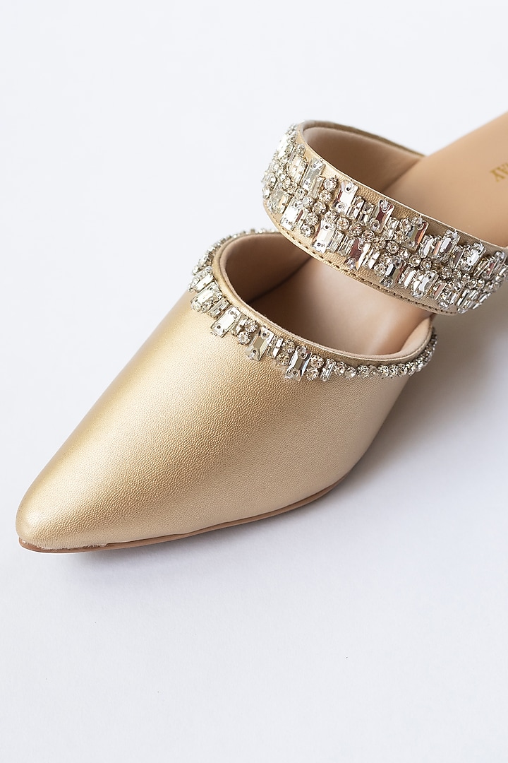 Gold Vegan Leather Crystal Embellished Mule Heels by Urbansway at Pernia's Pop Up Shop