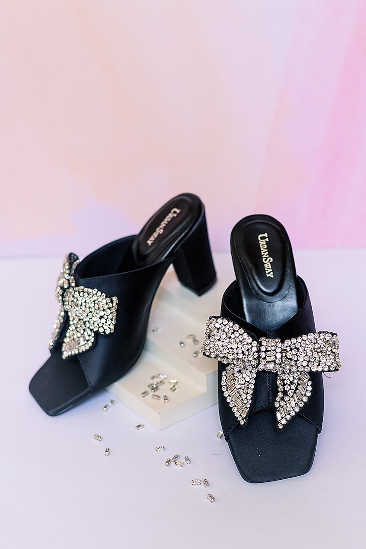 Black Bridal Satin Crystal Bow Embellished Heels by Urbansway at Pernia's Pop Up Shop