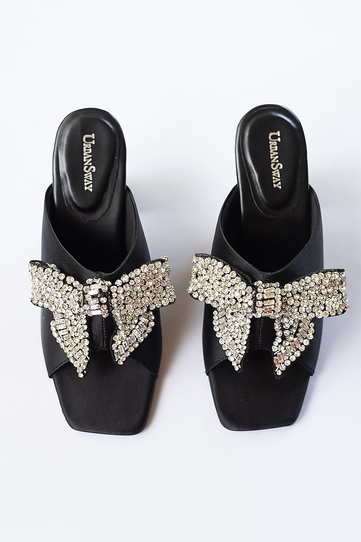 Black Bridal Satin Crystal Bow Embellished Heels by Urbansway at Pernia's Pop Up Shop