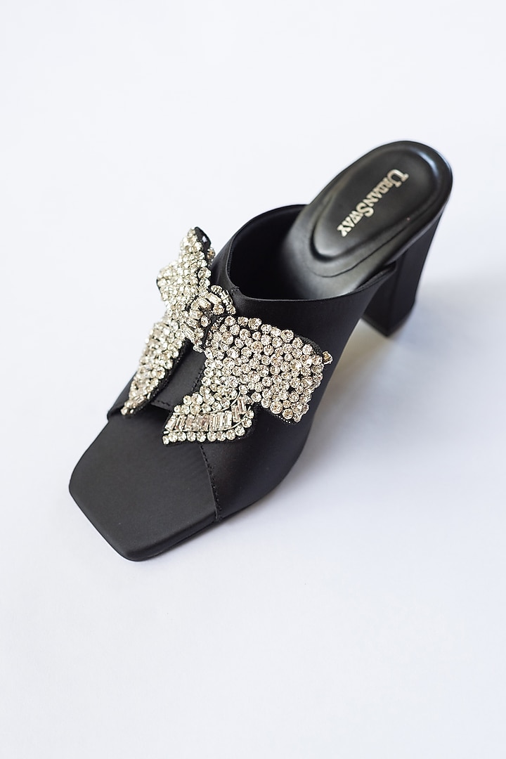 Black Bridal Satin Crystal Bow Embellished Heels by Urbansway at Pernia's Pop Up Shop