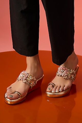 Rose Gold Cotton Silk Floral Hand Embroidered Wedges by Urbansway