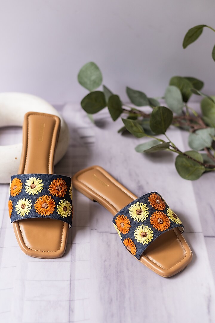 Blue Floral Embroidered Flats by Urbansway
