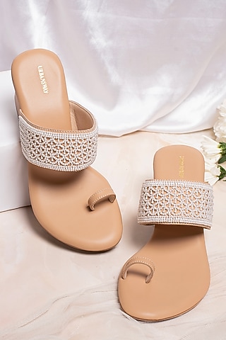 Tan Vegan Leather Embroidered Block Heels by Urbansway
