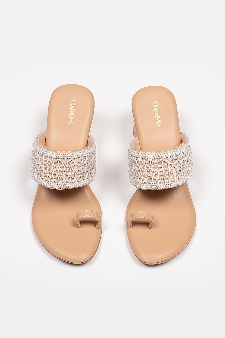 Tan Vegan Leather Embroidered Block Heels by Urbansway at Pernia's Pop Up Shop