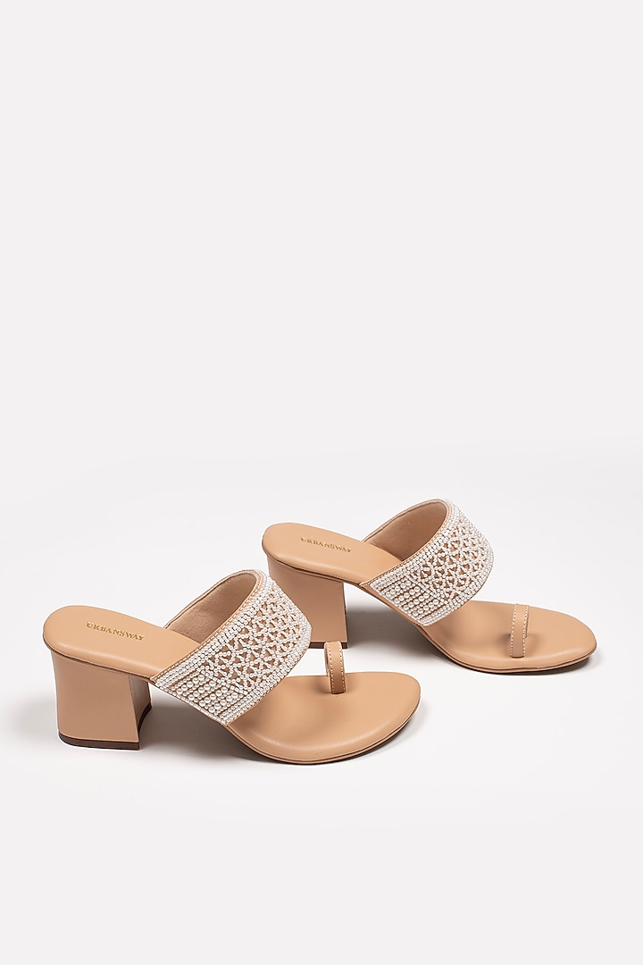 Tan Vegan Leather Embroidered Block Heels by Urbansway at Pernia's Pop Up Shop
