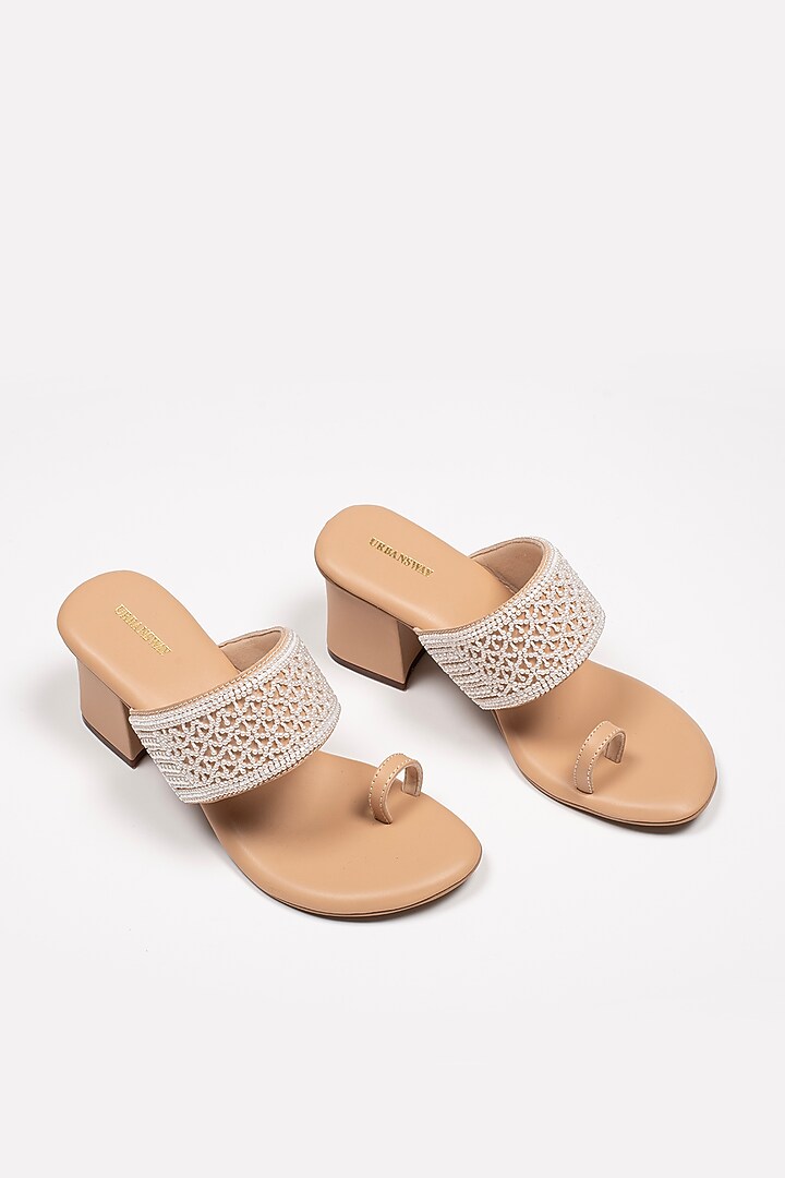 Tan Vegan Leather Embroidered Block Heels by Urbansway at Pernia's Pop Up Shop