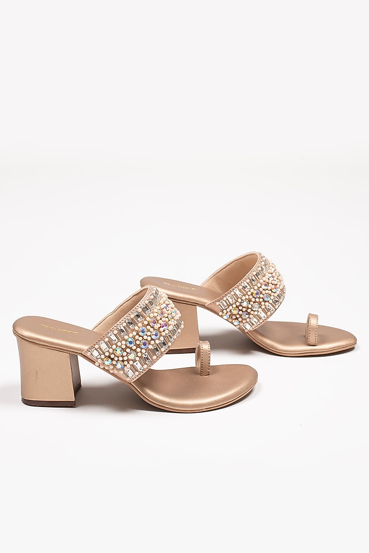 Light Bronze Vegan Leather Embellished Block Heels by Urbansway at Pernia's Pop Up Shop