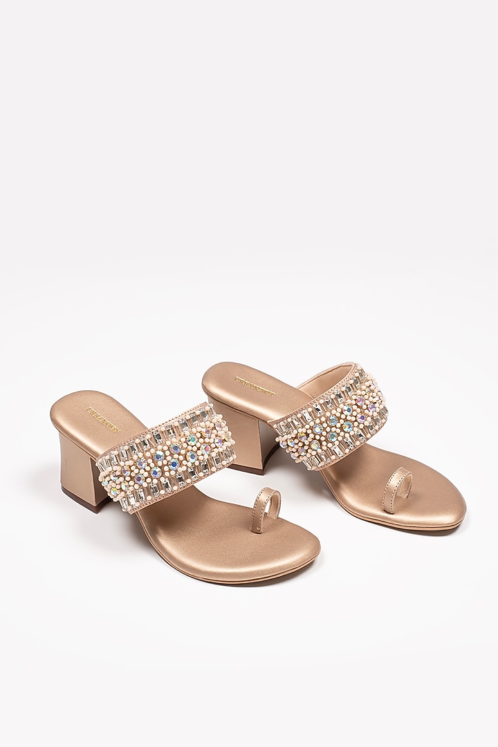 Light Bronze Vegan Leather Embellished Block Heels by Urbansway at Pernia's Pop Up Shop