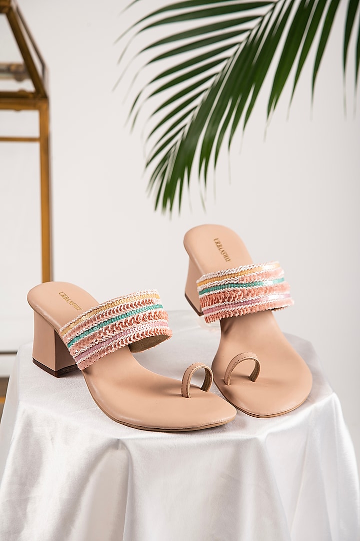 Peach Vegan Leather Embroidered Block Heels by Urbansway