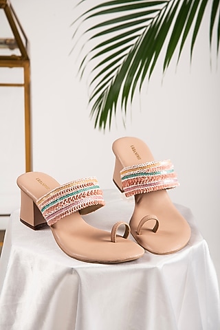 Peach Vegan Leather Embroidered Block Heels by Urbansway