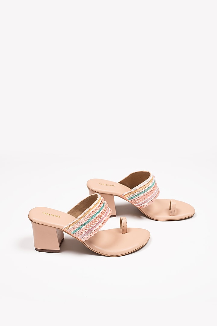 Peach Vegan Leather Embroidered Block Heels by Urbansway at Pernia's Pop Up Shop