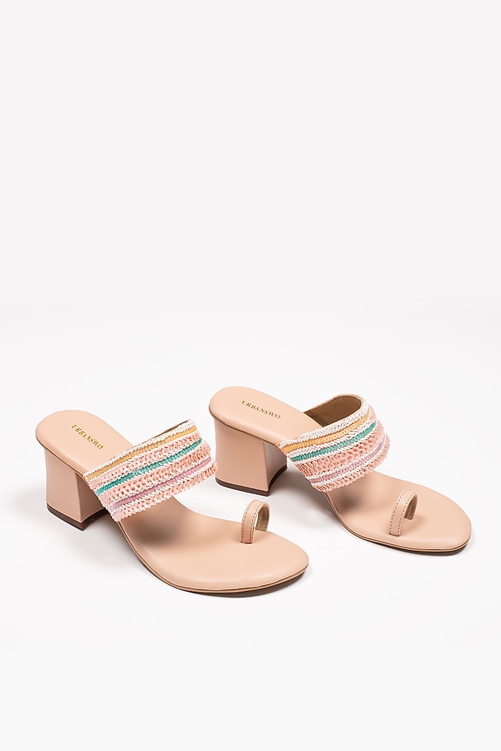 Peach Vegan Leather Embroidered Block Heels by Urbansway at Pernia's Pop Up Shop