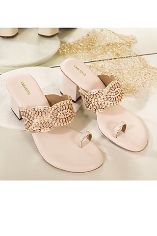Cream Vegan Leather Embroidered Block Heels by Urbansway