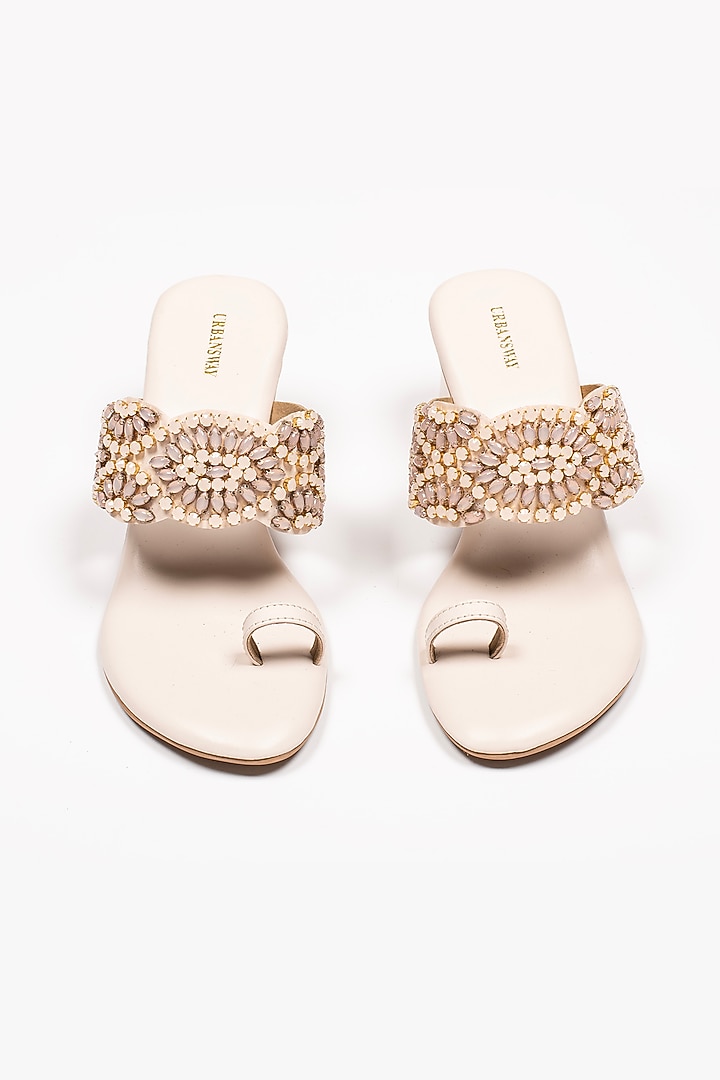 Cream Vegan Leather Embroidered Block Heels by Urbansway at Pernia's Pop Up Shop