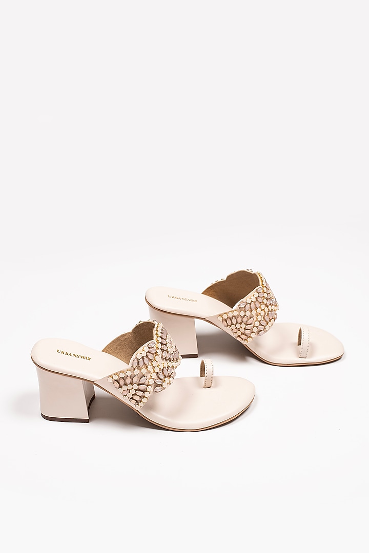Cream Vegan Leather Embroidered Block Heels by Urbansway at Pernia's Pop Up Shop
