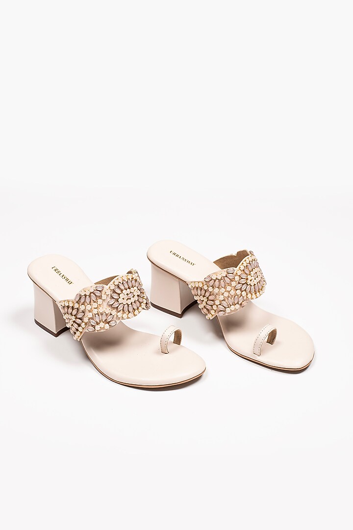Cream Vegan Leather Embroidered Block Heels by Urbansway at Pernia's Pop Up Shop