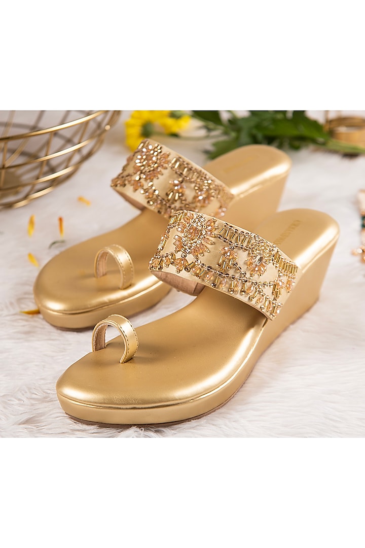 Gold Vegan Leather Embroidered Wedges by Urbansway