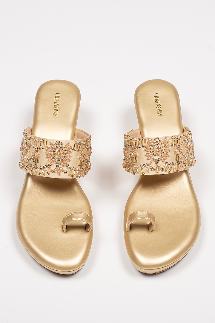 Gold Vegan Leather Embroidered Wedges by Urbansway at Pernia's Pop Up Shop