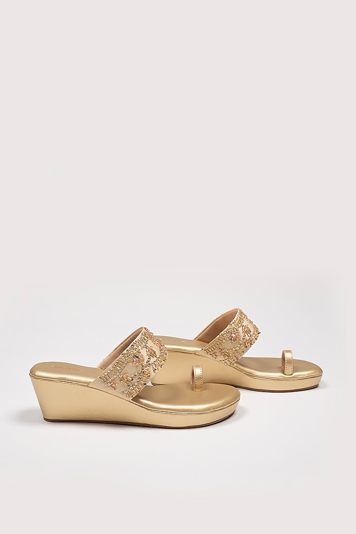 Gold Vegan Leather Embroidered Wedges by Urbansway at Pernia's Pop Up Shop