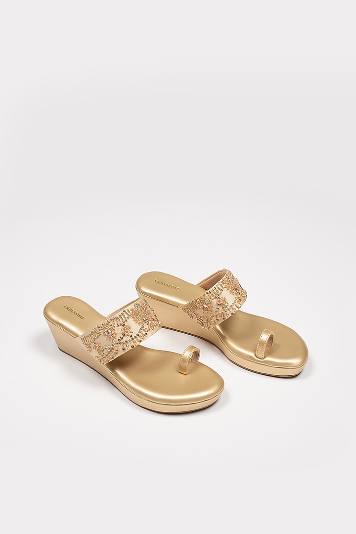 Gold Vegan Leather Embroidered Wedges by Urbansway at Pernia's Pop Up Shop