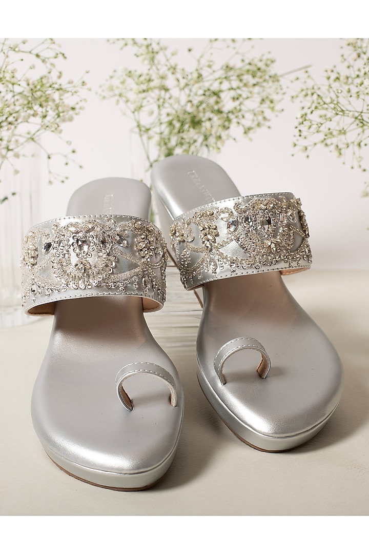 Silver Vegan Leather Embroidered Wedges by Urbansway