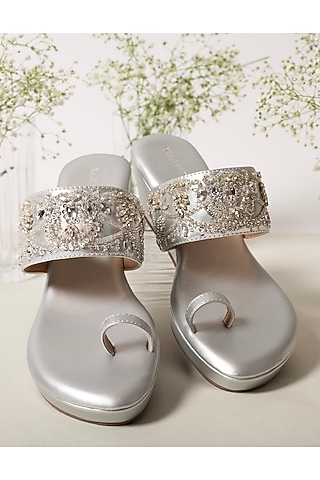 Silver Vegan Leather Embroidered Wedges by Urbansway