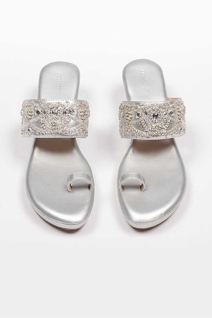 Silver Vegan Leather Embroidered Wedges by Urbansway at Pernia's Pop Up Shop