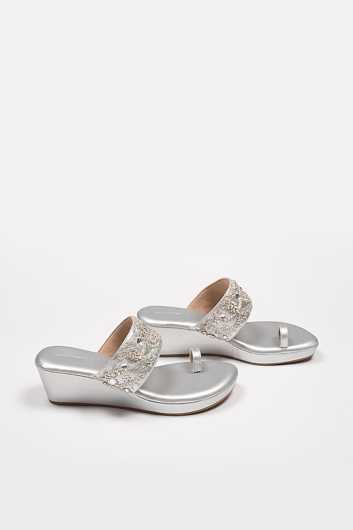 Silver Vegan Leather Embroidered Wedges by Urbansway at Pernia's Pop Up Shop