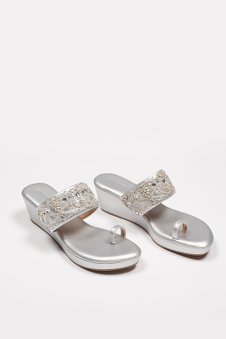 Silver Vegan Leather Embroidered Wedges by Urbansway at Pernia's Pop Up Shop