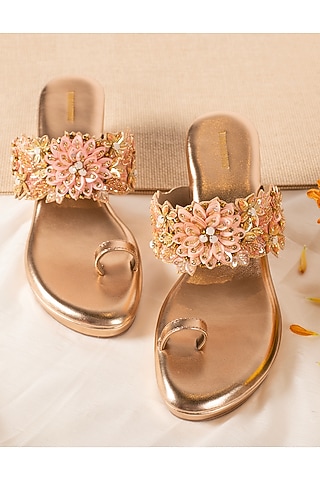 Rose Gold Vegan Leather Embroidered Wedges by Urbansway