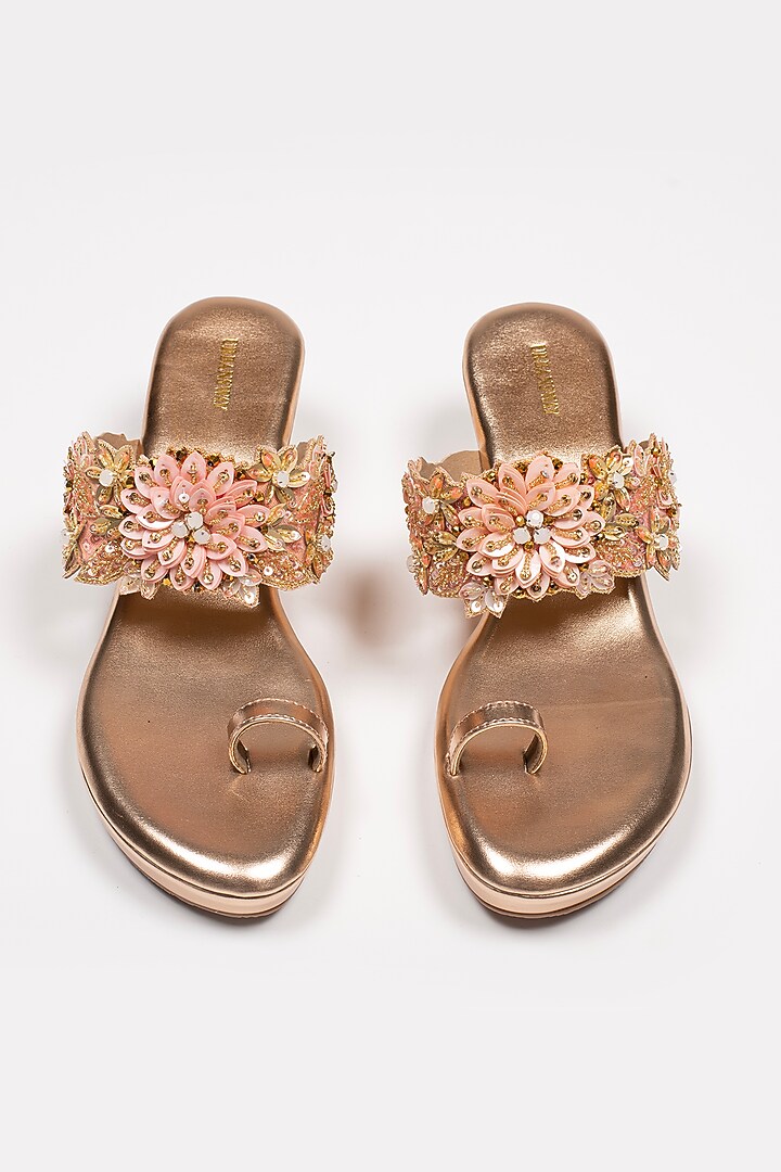 Rose Gold Vegan Leather Embroidered Wedges by Urbansway at Pernia's Pop Up Shop